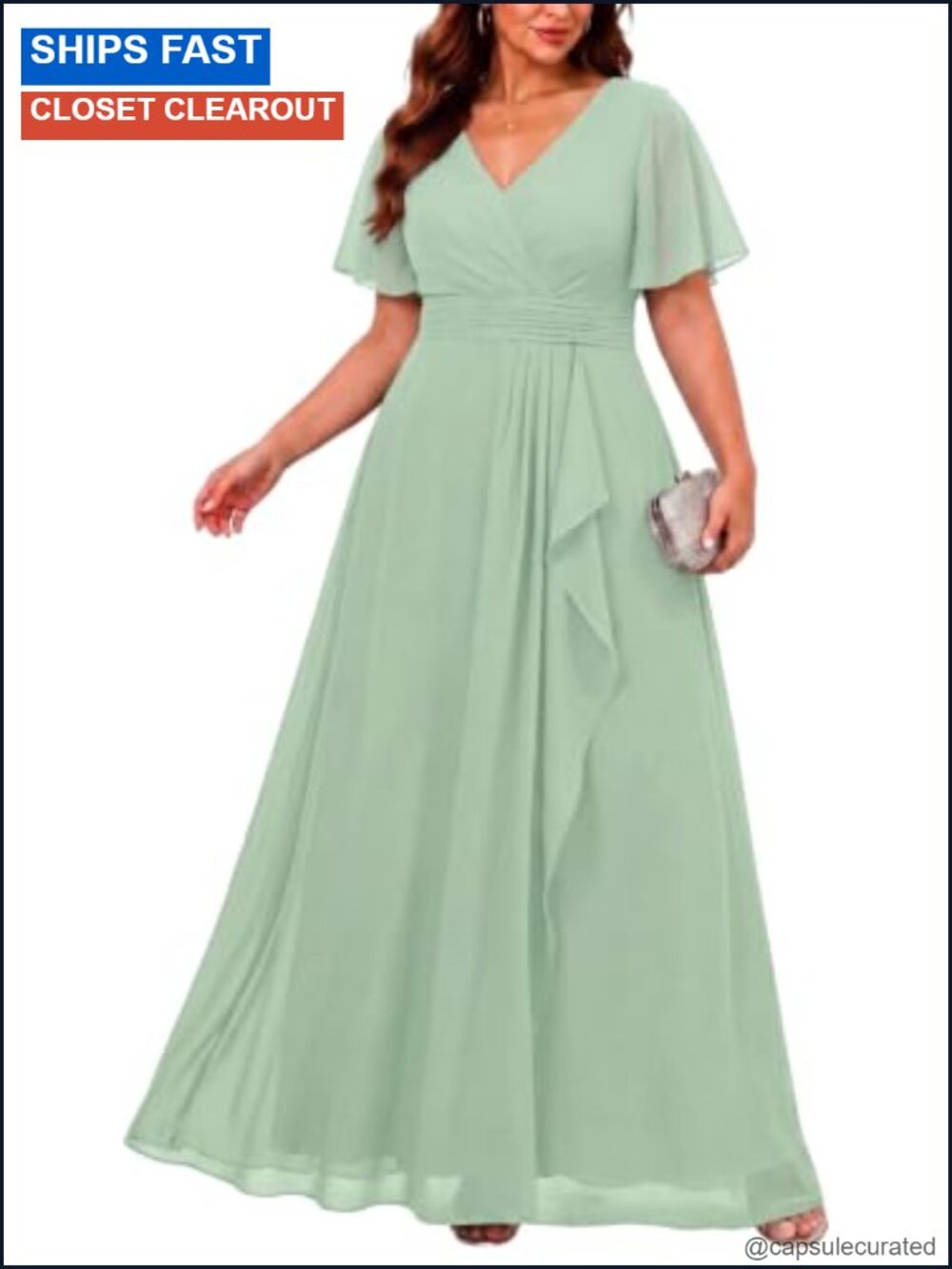 Plus Size Chiffon V Neck Ruffle Long Formal Dress Wedding Guest